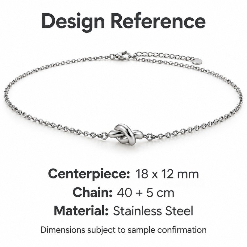 womens silver Stainless Steel knot necklace, design reference dimensions and material specifications