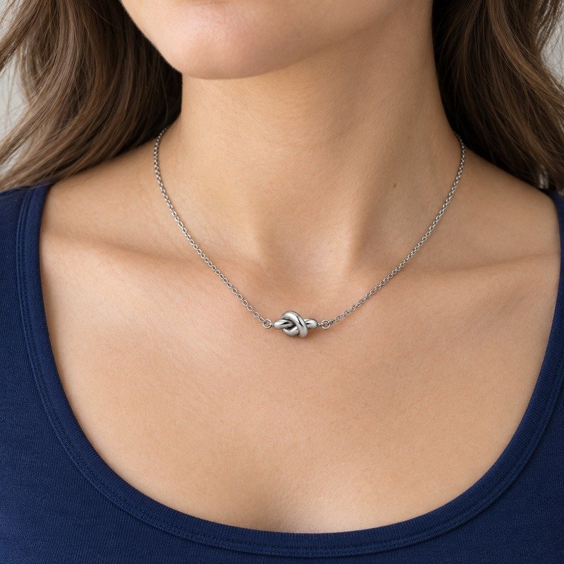 womens silver Stainless Steel knot necklace, worn by an adult model