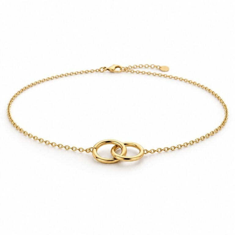 womens gold Stainless Steel double circle necklace, at a 45-degree angle on white
