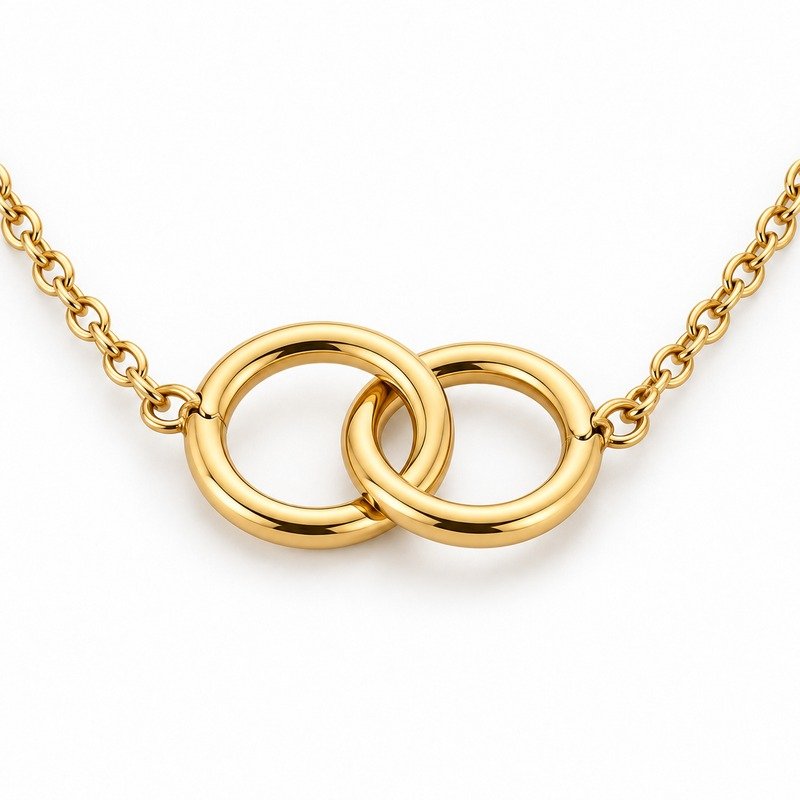 womens gold Stainless Steel double circle necklace, reverse side and connection structure on white
