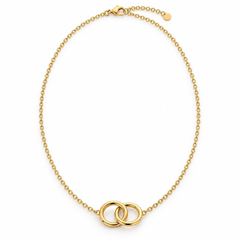 womens gold Stainless Steel double circle necklace, front view on white