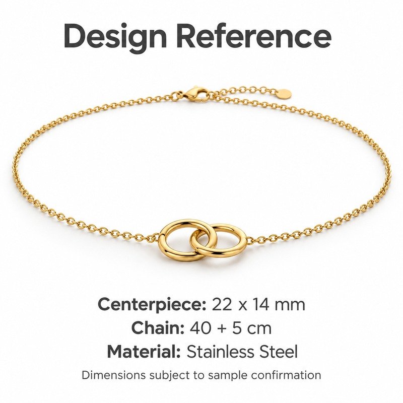 womens gold Stainless Steel double circle necklace, design reference dimensions and material specifications