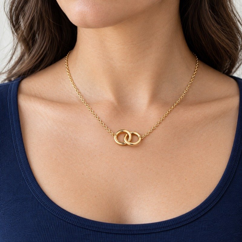 womens gold Stainless Steel double circle necklace, worn by an adult model
