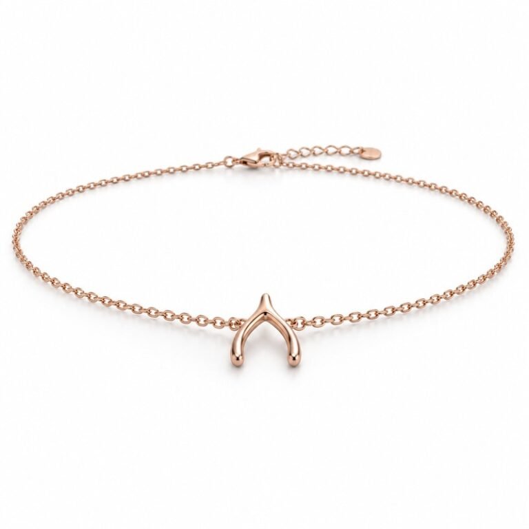 womens rose gold Stainless Steel wishbone necklace, at a 45-degree angle on white