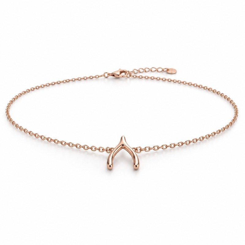 womens rose gold Stainless Steel wishbone necklace, at a 45-degree angle on white