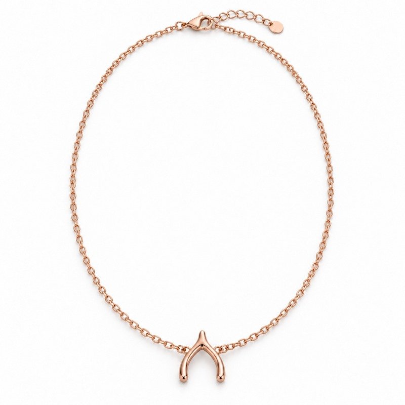 womens rose gold Stainless Steel wishbone necklace, front view on white