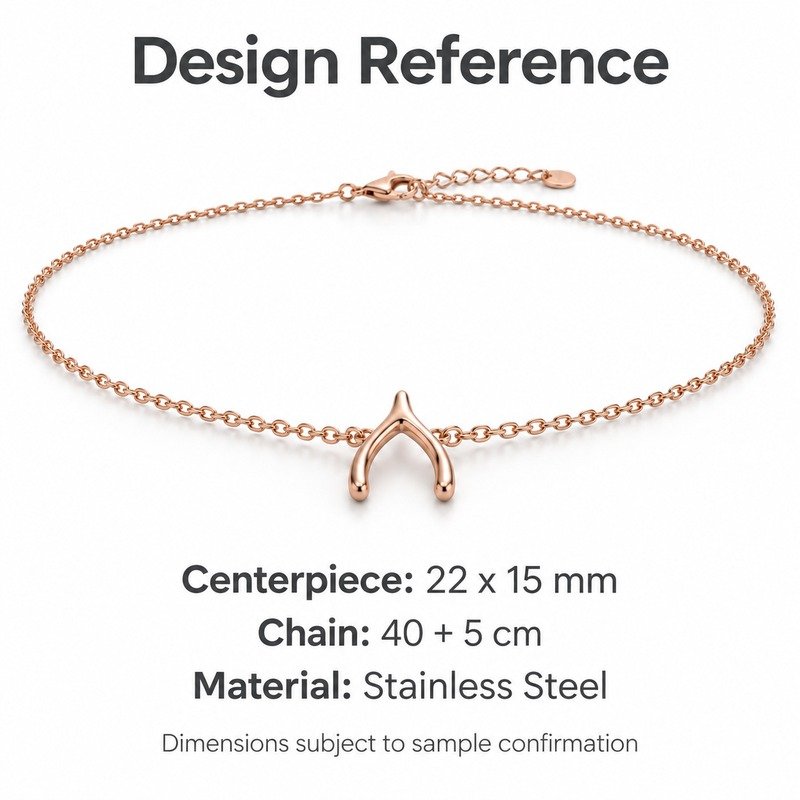 womens rose gold Stainless Steel wishbone necklace, design reference dimensions and material specifications
