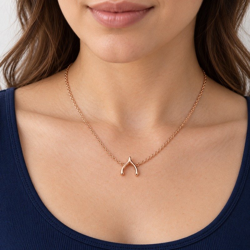 womens rose gold Stainless Steel wishbone necklace, worn by an adult model