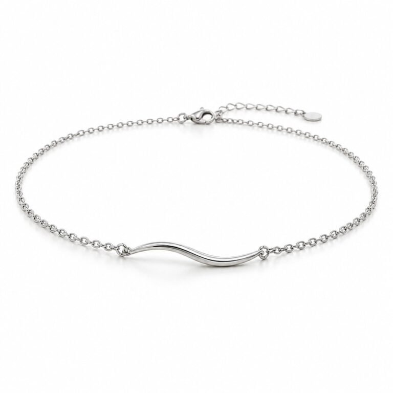 womens silver Stainless Steel wave necklace, at a 45-degree angle on white