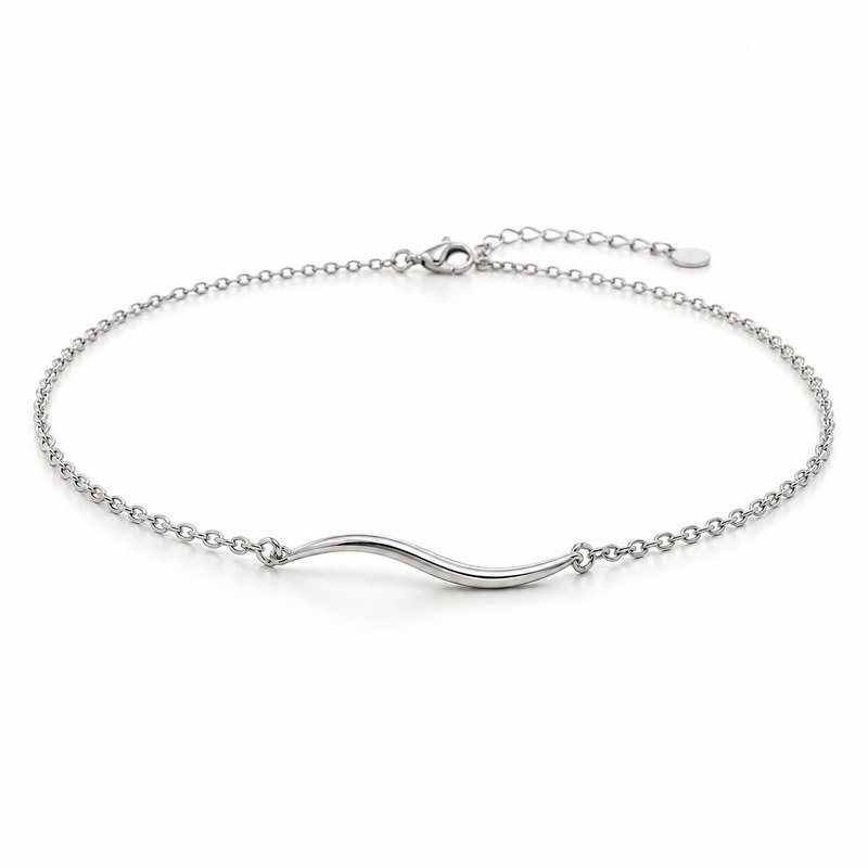 womens silver Stainless Steel wave necklace, at a 45-degree angle on white