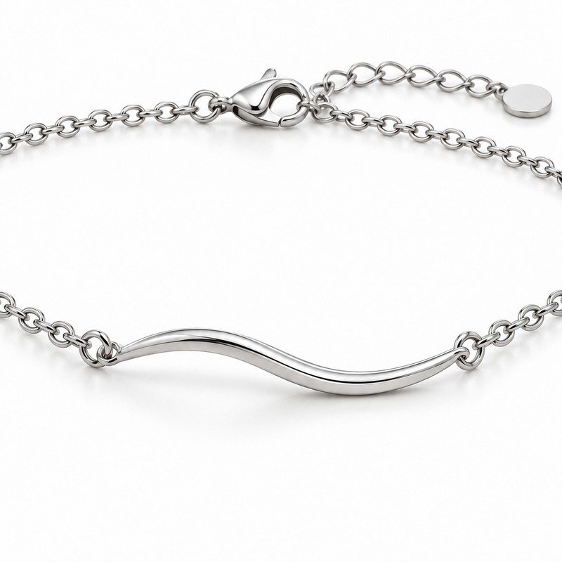 womens silver Stainless Steel wave necklace, reverse side and connection structure on white
