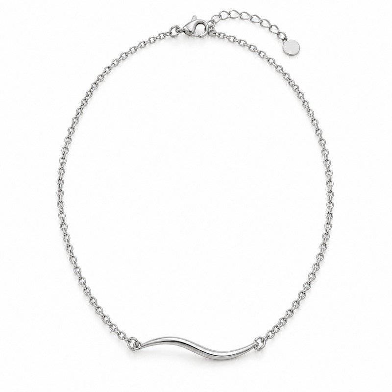 womens silver Stainless Steel wave necklace, front view on white