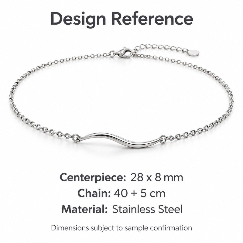 womens silver Stainless Steel wave necklace, design reference dimensions and material specifications