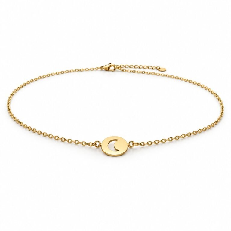 womens gold Stainless Steel crescent disc necklace, at a 45-degree angle on white