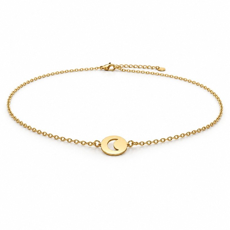 womens gold Stainless Steel crescent disc necklace, at a 45-degree angle on white