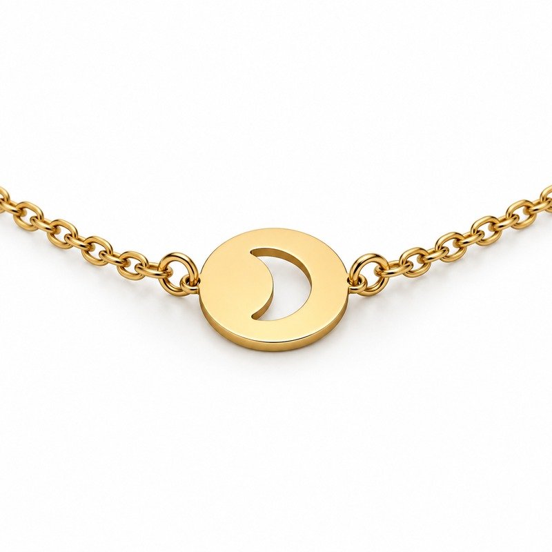 womens gold Stainless Steel crescent disc necklace, reverse side and connection structure on white