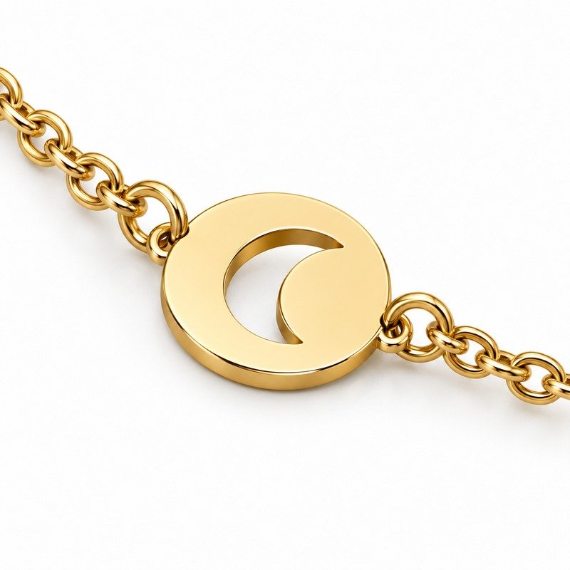 womens gold Stainless Steel crescent disc necklace, material and craftsmanship close-up