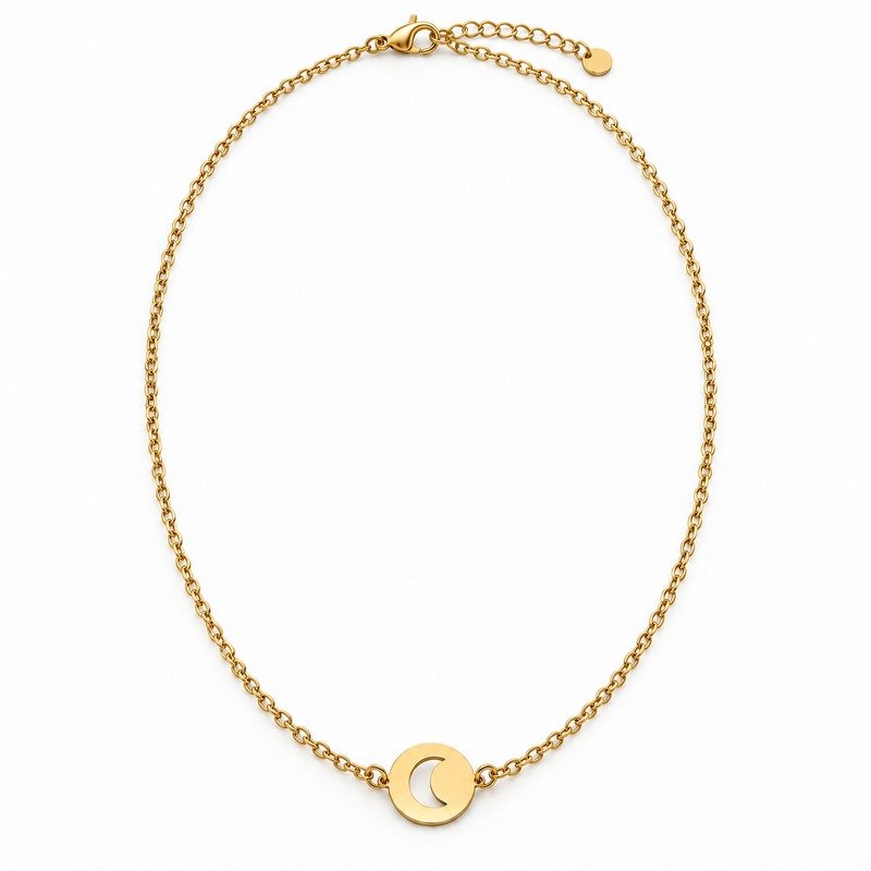 womens gold Stainless Steel crescent disc necklace, front view on white