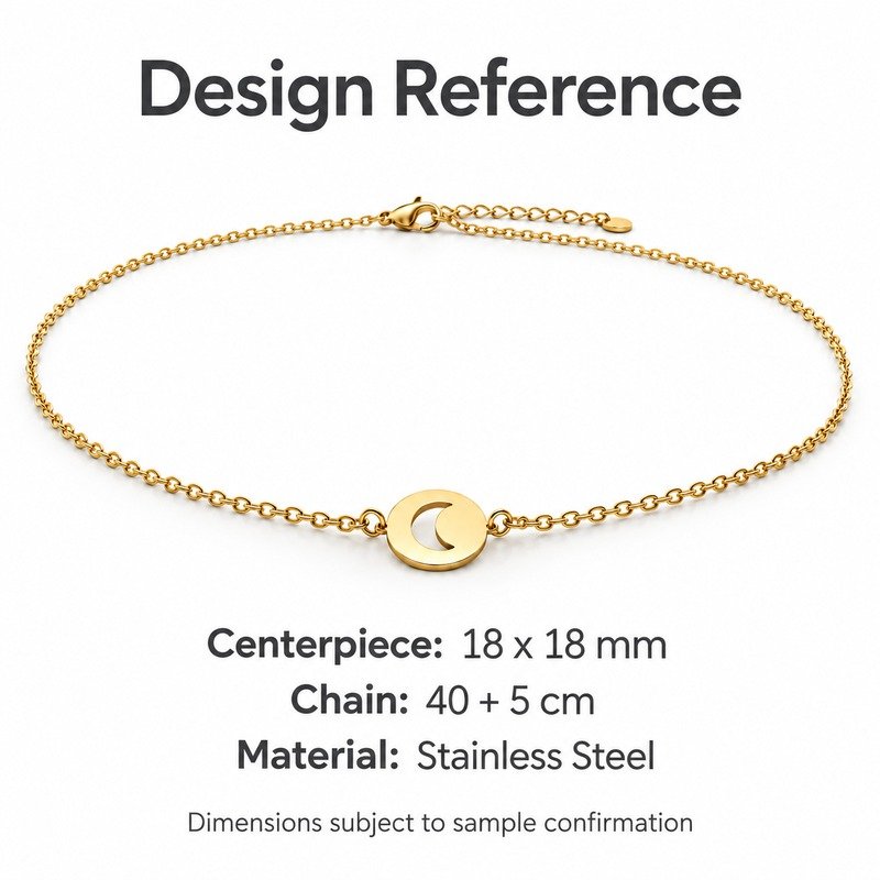 womens gold Stainless Steel crescent disc necklace, design reference dimensions and material specifications