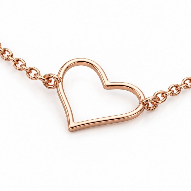 womens rose gold Stainless Steel heart outline necklace, reverse side and connection structure on white