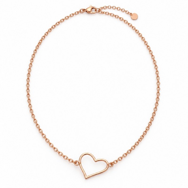 womens rose gold Stainless Steel heart outline necklace, front view on white