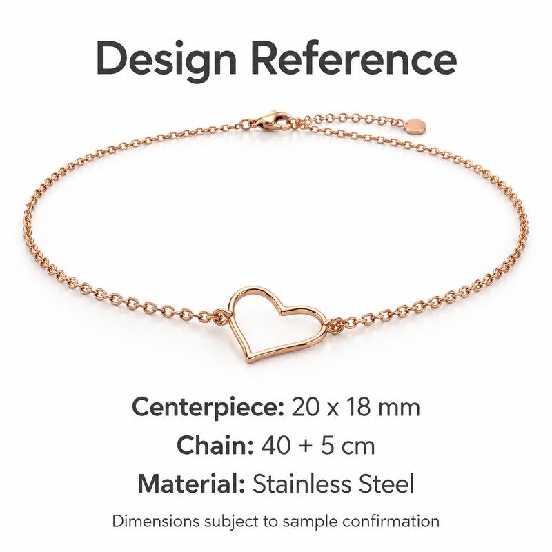 womens rose gold Stainless Steel heart outline necklace, design reference dimensions and material specifications