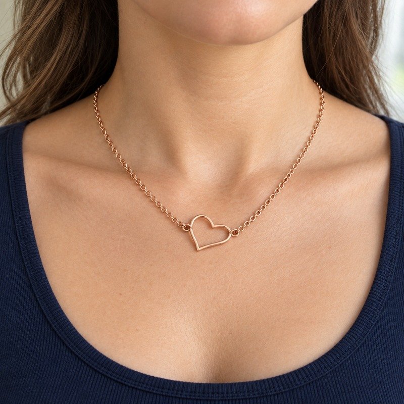 womens rose gold Stainless Steel heart outline necklace, worn by an adult model