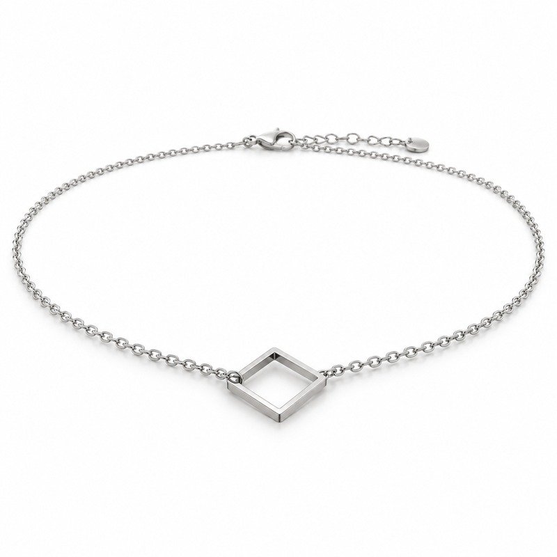 womens silver Stainless Steel square necklace, at a 45-degree angle on white