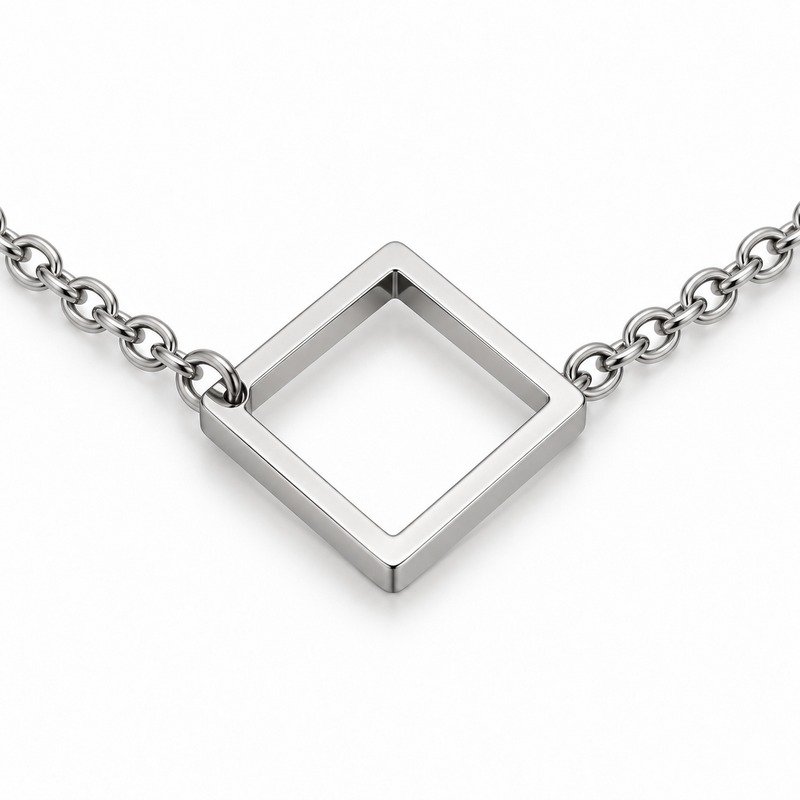 womens silver Stainless Steel square necklace, reverse side and connection structure on white