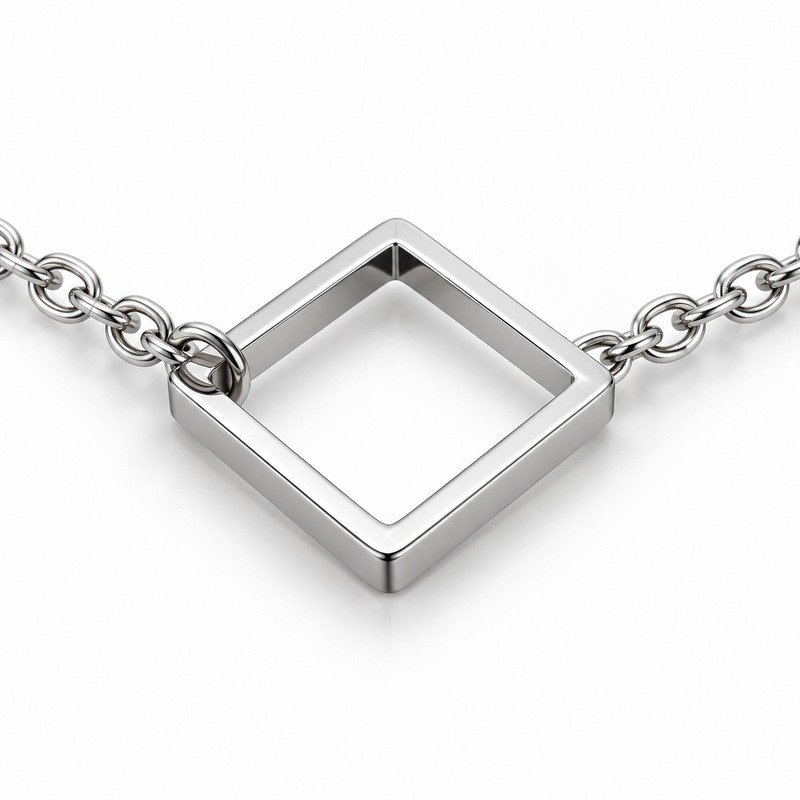 womens silver Stainless Steel square necklace, material and craftsmanship close-up