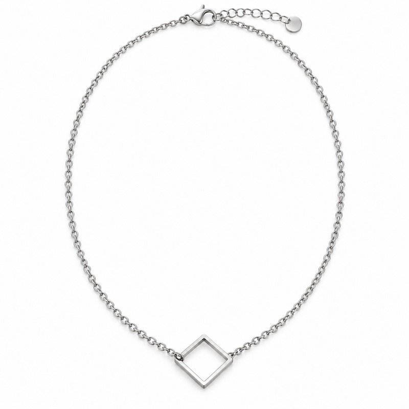 womens silver Stainless Steel square necklace, front view on white