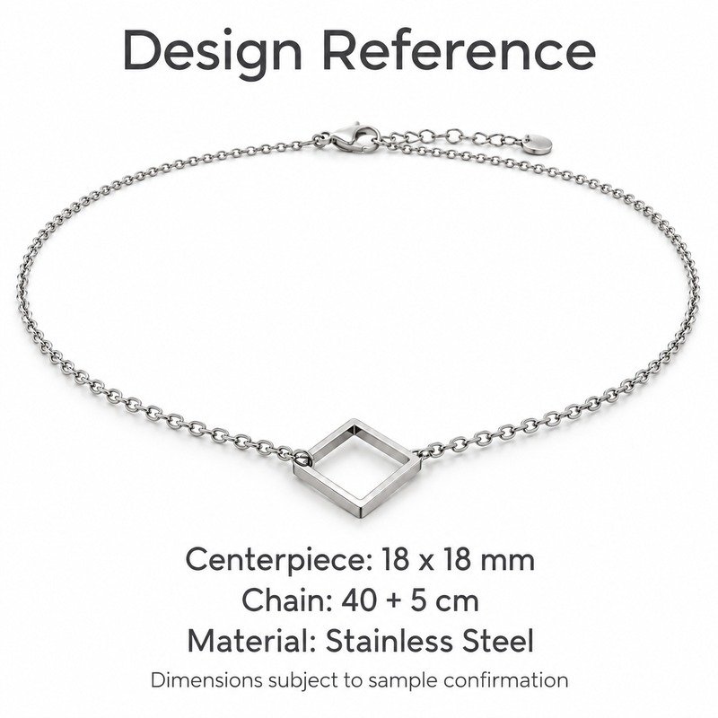 womens silver Stainless Steel square necklace, design reference dimensions and material specifications