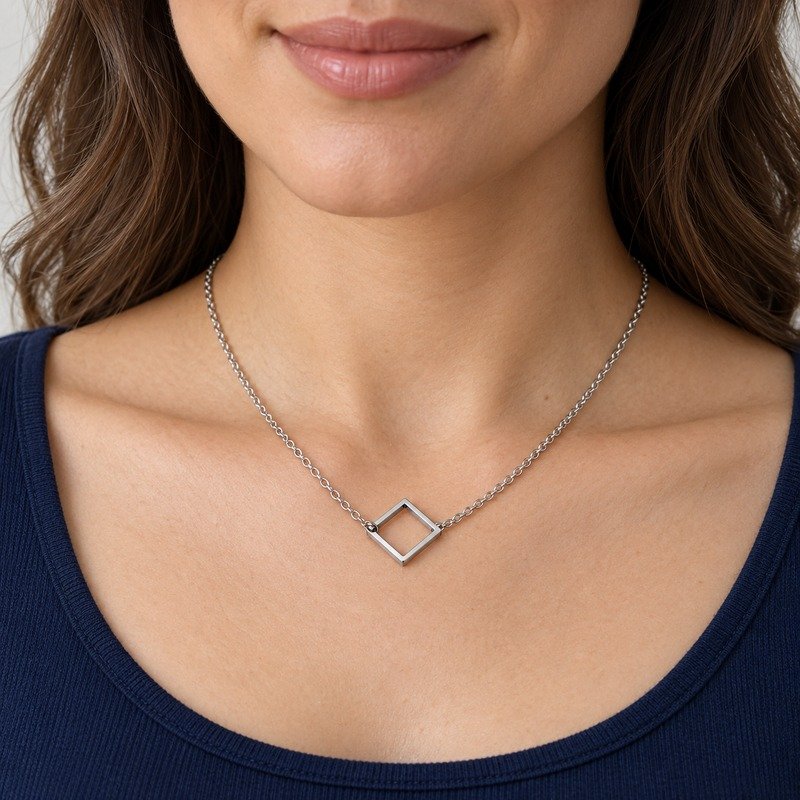 womens silver Stainless Steel square necklace, worn by an adult model