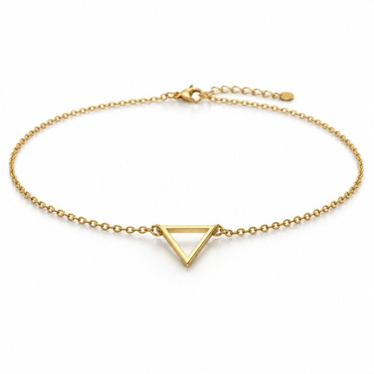 womens gold Stainless Steel triangle necklace, at a 45-degree angle on white