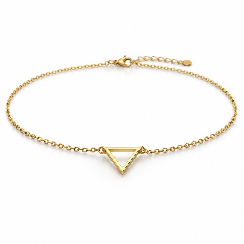 womens gold Stainless Steel triangle necklace, at a 45-degree angle on white