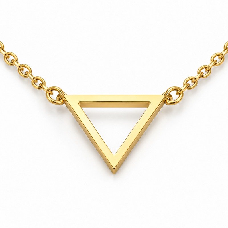 womens gold Stainless Steel triangle necklace, reverse side and connection structure on white