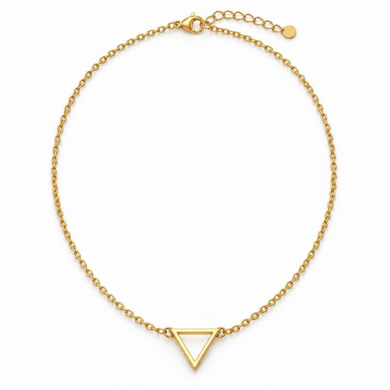 womens gold Stainless Steel triangle necklace, front view on white