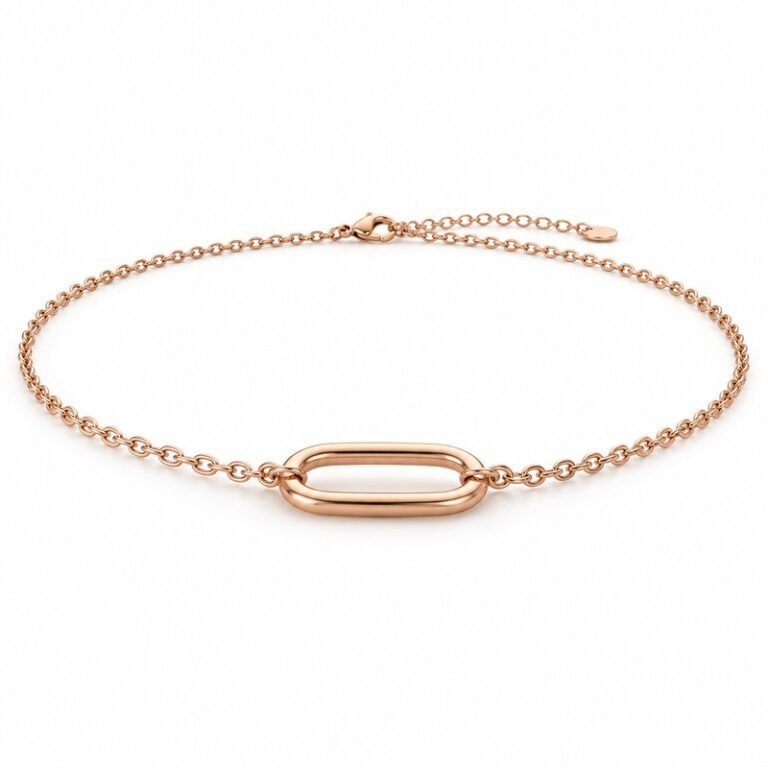 womens rose gold Stainless Steel oval link necklace, at a 45-degree angle on white
