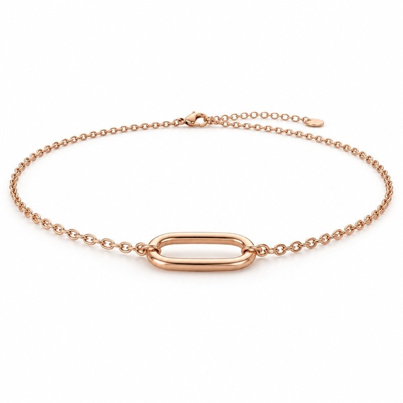 womens rose gold Stainless Steel oval link necklace, at a 45-degree angle on white