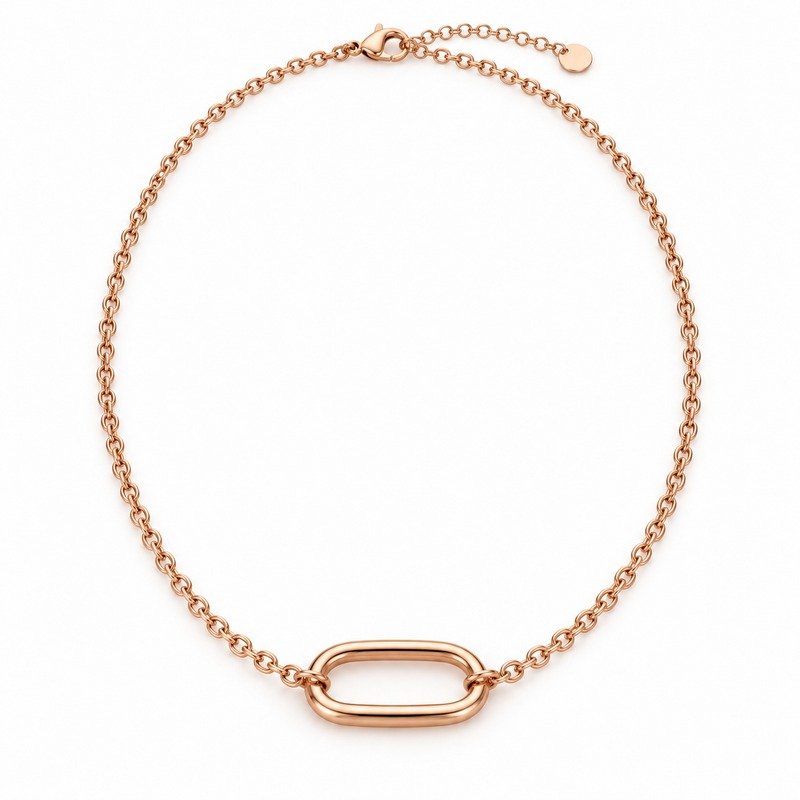 womens rose gold Stainless Steel oval link necklace, front view on white