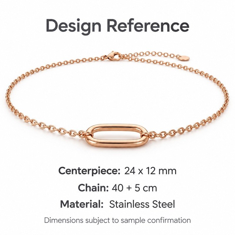 womens rose gold Stainless Steel oval link necklace, design reference dimensions and material specifications