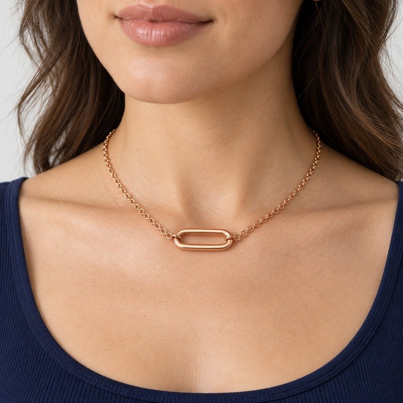 womens rose gold Stainless Steel oval link necklace, worn by an adult model