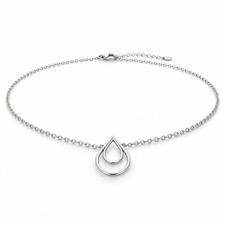 womens silver Stainless Steel double teardrop necklace, at a 45-degree angle on white