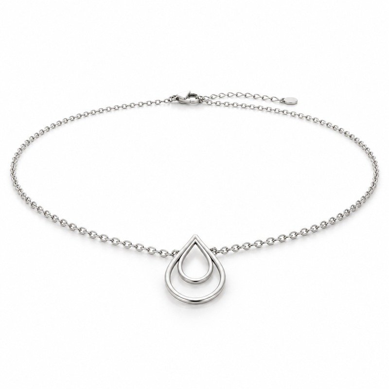 womens silver Stainless Steel double teardrop necklace, at a 45-degree angle on white