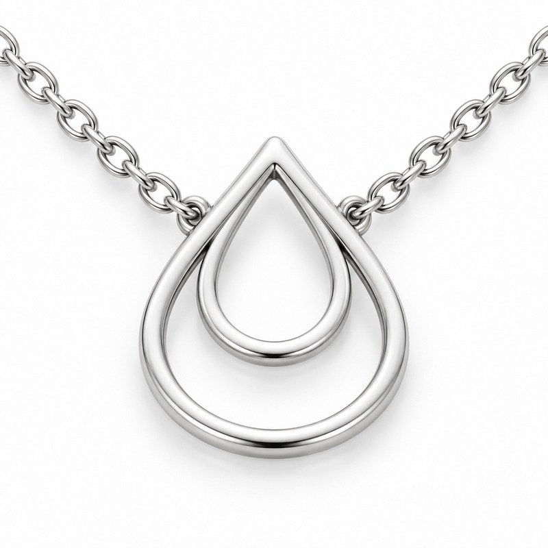 womens silver Stainless Steel double teardrop necklace, reverse side and connection structure on white