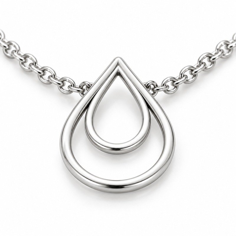 womens silver Stainless Steel double teardrop necklace, material and craftsmanship close-up