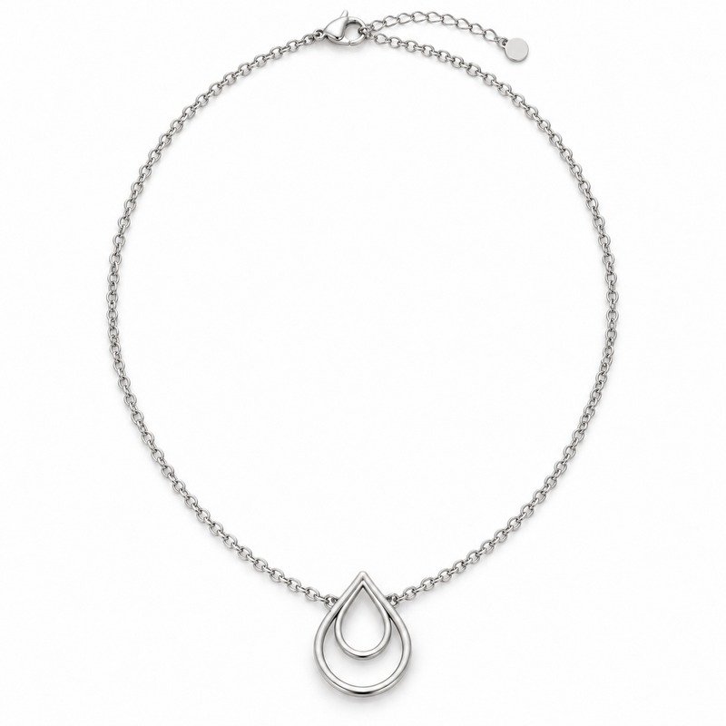 womens silver Stainless Steel double teardrop necklace, front view on white