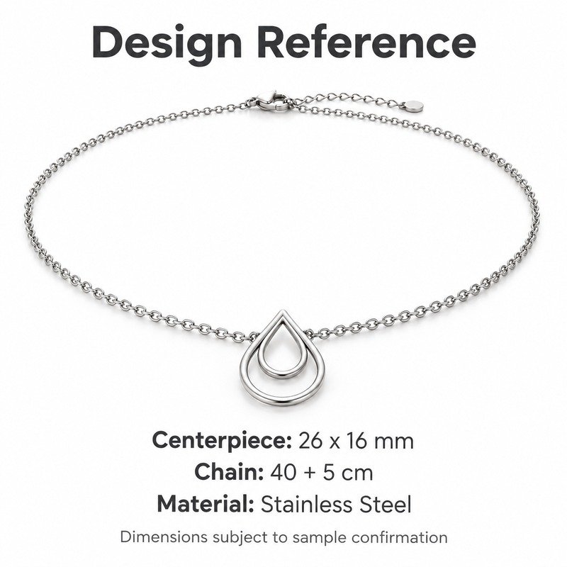 womens silver Stainless Steel double teardrop necklace, design reference dimensions and material specifications
