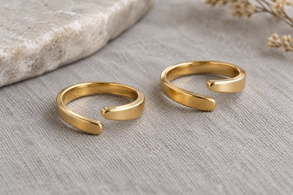 gold stainless steel minimalist open wrap rings: open ring profile showing band thickness