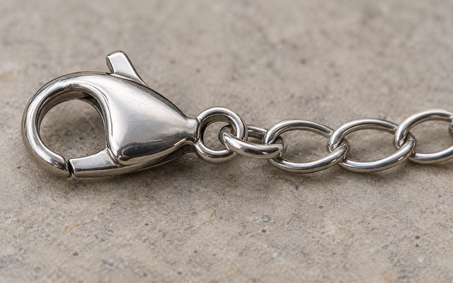 AI-generated editorial illustration: macro of lobster clasp attached to an extension chain link